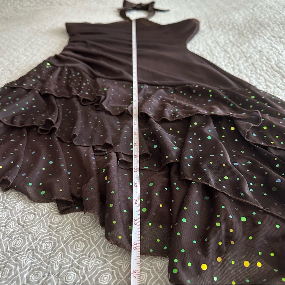 Vintage 90s A. Byer Brown Halter Dress Asymmetrical Sequin Tiered Flutter Size L - Picture 9 of 15